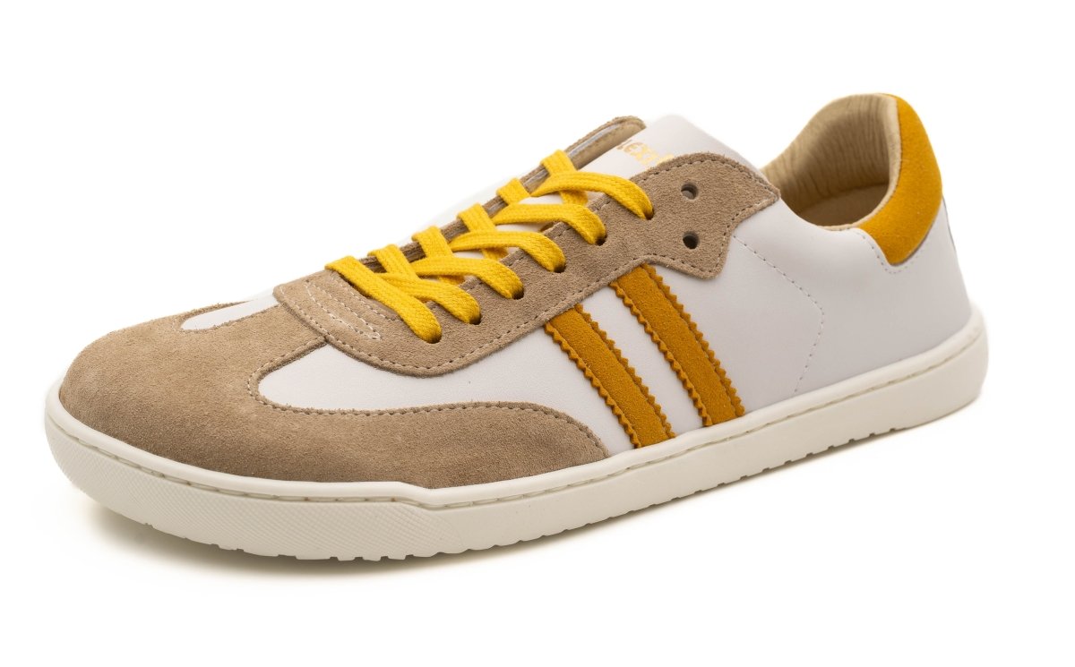 Zapatilla barefoot Serraje Salvaje Microfibra Arena Blanco Mostaza – Nens - Nudos Barefoot Shoes