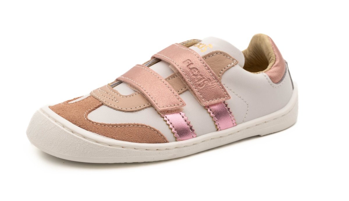 Zapatilla barefoot Serraje Salvaje Napa Ada Lame Maqui Blanco Skin Rosa – Nens - Nudos Barefoot Shoes